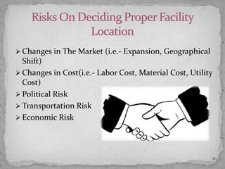  Changes in The Market (i.e.- Expansion, Geographical
Shift)
 Changes in Cost(i.e.- Labor Cost, Material Cost, Utility
Cost)
 Political Risk
 Transportation Risk
 Economic Risk
10
 