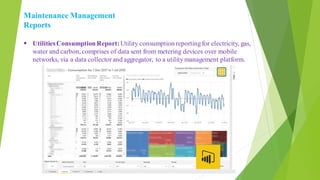 Maintenance Management
Reports
 UtilitiesConsumption Report:Utility consumption reportingfor electricity, gas,
water and carbon, comprises of data sent from metering devices over mobile
networks, via a data collectorand aggregator, to a utility management platform.
 