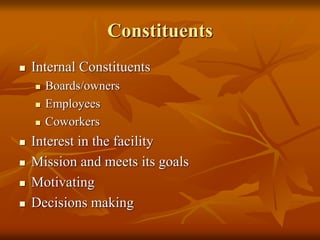 Constituents
 Internal Constituents
 Boards/owners
 Employees
 Coworkers
 Interest in the facility
 Mission and meets its goals
 Motivating
 Decisions making
 