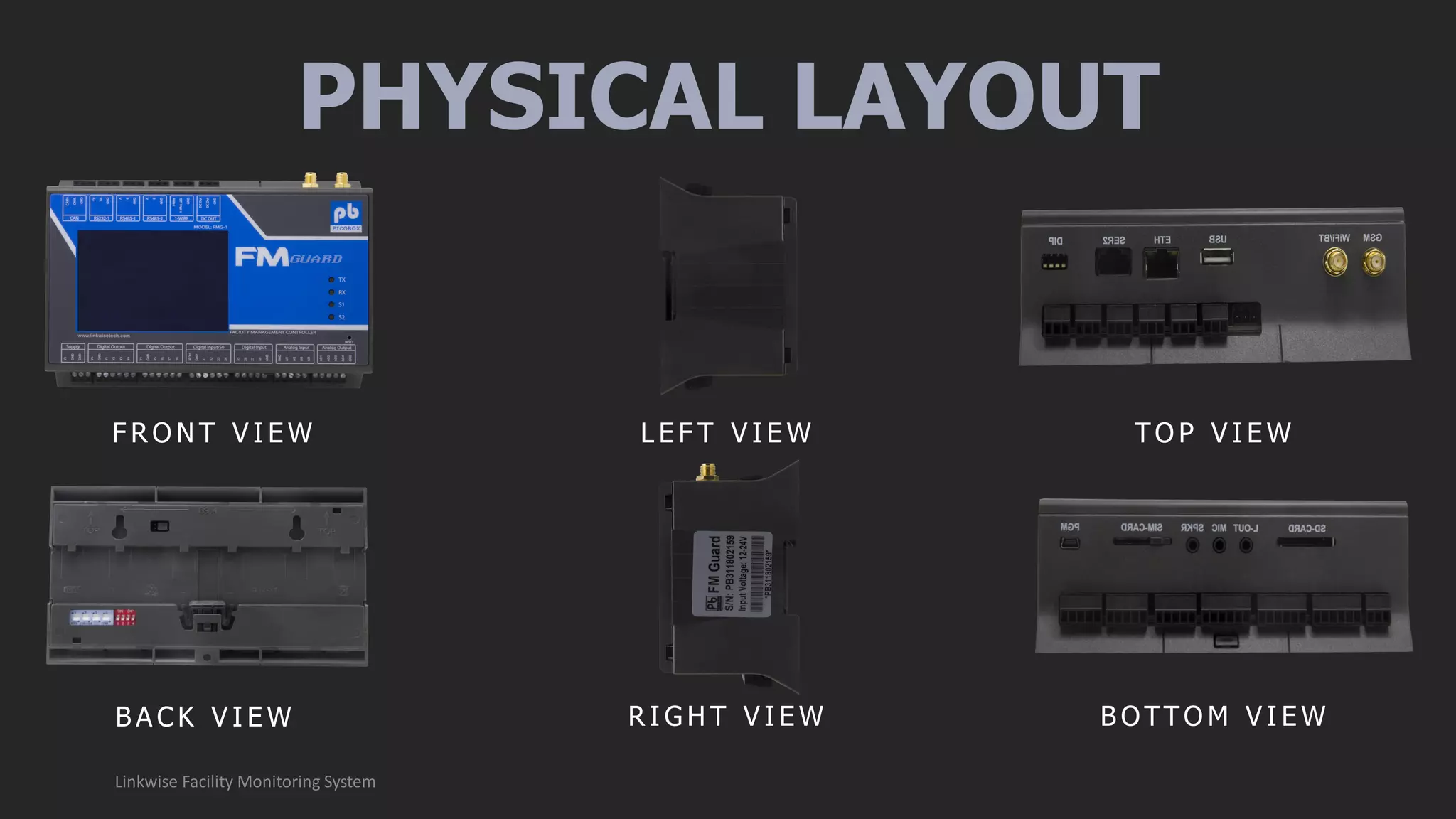 PHYSICAL LAYOUT
Linkwise Facility Monitoring System
F R O N T V I E W L E F T V I E W TO P V I E W
B A C K V I E W R I G H T V I E W B OTTO M V I E W
 