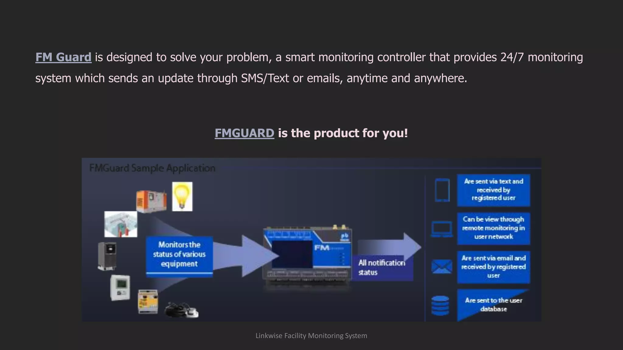 Linkwise Facility Monitoring System
FM Guard is designed to solve your problem, a smart monitoring controller that provides 24/7 monitoring
system which sends an update through SMS/Text or emails, anytime and anywhere.
FMGUARD is the product for you!
 