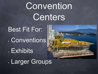 Convention
          Centers
Best Fit For:
•   Conventions
•   Exhibits
•   Larger Groups
 