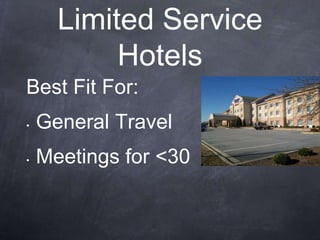 Limited Service
           Hotels
Best Fit For:
•   General Travel
•   Meetings for <30
 