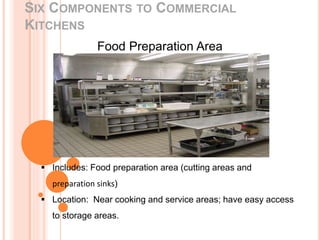 SIX COMPONENTS TO COMMERCIAL
KITCHENS
Food Preparation Area
 Includes: Food preparation area (cutting areas and
preparation sinks)
 Location: Near cooking and service areas; have easy access
to storage areas.
 