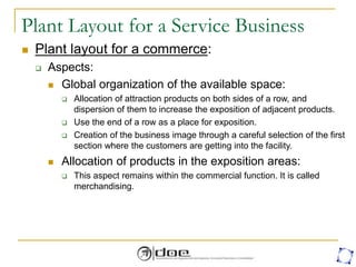 Plant Layout for a Service Business
 Plant layout for a commerce:
 Aspects:
 Global organization of the available space:
 Allocation of attraction products on both sides of a row, and
dispersion of them to increase the exposition of adjacent products.
 Use the end of a row as a place for exposition.
 Creation of the business image through a careful selection of the first
section where the customers are getting into the facility.
 Allocation of products in the exposition areas:
 This aspect remains within the commercial function. It is called
merchandising.
 