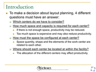 Introduction
 To make a decision about layout planning, 4 different
questions must have an answer:
 Which centers do we have to consider?
 How much space and capacity is required for each center?
 If there is not enough space, productivity may be reduced.
 Too much space is expensive and may also reduce productivity.
 How must the space be configured at each center?
 Space quantity, shape and the elements of the work center are
related to each other.
 Where should each center be located at within the facility?
 The allocation of the different centers may affect productivity.
 