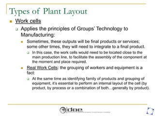 Types of Plant Layout
 Work cells
 Applies the principles of Groups’ Technology to
Manufacturing:
 Sometimes, these outputs will be final products or services;
some other times, they will need to integrate to a final product.
 In this case, the work cells would need to be located close to the
main production line, to facilitate the assembly of the component at
the moment and place required.
 Real Work Cells: the grouping of workers and equipment is a
fact:
 At the same time as identifying family of products and grouping of
equipment, it’s essential to perform an internal layout of the cell (by
product, by process or a combination of both…generally by product).
 