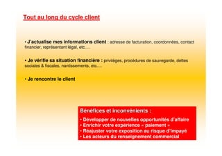 Tout au long du cycle clientTout au long du cycle client
BBéénnééfices et inconvfices et inconvéénients :nients :
• Développer de nouvelles opportunités d’affaire
• Enrichir votre expérience « paiement »
• Réajuster votre exposition au risque d’impayé
• Les acteurs du renseignement commercial
• J’actualise mes informations client : adresse de facturation, coordonnées, contact
financier, représentant légal, etc.…
• Je vérifie sa situation financière : privilèges, procédures de sauvegarde, dettes
sociales & fiscales, nantissements, etc.…
• Je rencontre le client
 