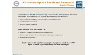 CLEARED
REFRESHER
SECURITY
TRAINING
The number one threat to national security comesfrom the “Insider Threat”. An insider
can have a negative impact on national security and industry security in:
> Lossor c ompromise of c lassified, export-c ontrolled, or proprietary information
> Lossof tec hnologic al superiority
> Ec onomic loss and/ or lossof life
Updated: June 2016
Some indicators of an insider threat are:
> Engaging in c lassified c onversationswithout a need-to-know
> Working hoursinc onsistent with job assignment or insistenc e on working in private
> Repeated sec urity violations
If noticed, it is best to report these examples of suspicious activity to your FSO.
Again, be aware of your surroundings and those around you.
Counterintelligence Threatsand Awareness
Insider Threats
 