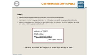 CLEARED
REFRESHER
SECURITY
TRAINING
OperationsSecurity (OPSEC)
Violators of OPSEC:
#1 US Military
#2 U.S. CONTRACTORS!!!
…Don’t be a statistic
OPSEC:
> Isa proc essthat identifiesc ritic al information and protec tsit from our adversaries
> Isan important part of every organization and we all have the responsibility to manage critical information
> Helpsto c ontrol information that could be used against us(the organization). Increased safety and sec urity in
any setting and for any purpose isthe benefit
Updated: June 2016
The most important security tool in operations security is YOU!
 