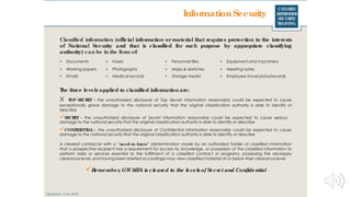 CLEARED
REFRESHER
SECURITY
TRAINING
Information Security
Classified information (official information or material that requires protection in the interests
of National Security and that is classified for such purpose by appropriate classifying
authority) can be in the form of:
Updated: June 2016
The three levels applied to classified information are:
X TOP SECRET – the unauthorized disclosure of Top Secret information reasonably could be expected to cause
exceptionally grave damage to the national security that the original classification authority is able to identify or
describe
SECRET – the unauthorized disclosure of Secret information reasonably could be expected to cause serious
damage to the national security that the original classification authority is able to identify or describe
CONFIDENTIAL– the unauthorized disclosure of Confidential information reasonably could be expected to cause
damage to the national security that the original classification authority is able to identify or describe
A cleared contractor with a “need-to-know” (determination made by an authorized holder of classified information
that a prospective recipient has a requirement for access to, knowledge, or possession of the classified information to
perform tasks or services essential to the fulfillment of a classified contract or program), possessing the necessary
clearance level, and having been briefed accordingly may view classified material at or below their clearance level
Remember, GW MFA is cleared to the levels of Secret and Confidential
> Documents > Faxes > Personnel files > Equipment and machinery
> Working papers > Photographs > Maps & sketches > Meeting notes
> Emails > Medical records > Storage media > Employee travel plans/records
 