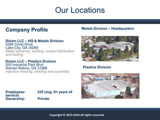 Our Locations
Metals Division – Headquarters
Plastics Division
,
Copyright © 2015-2016 All rights reserved.
Company Profile
Dixien LLC – HQ & Metals Division
5286 Circle Drive
Lake City, GA 30260
Metal stamping, welding, custom fabrication
and tooling.
Dixien LLC – Plastics Division
200 Industrial Park Blvd.
Warner Robins, GA 31088
Injection molding, welding and assembly.
Employees: 225 (avg. 9+ years of
service)
Ownership: Private
 