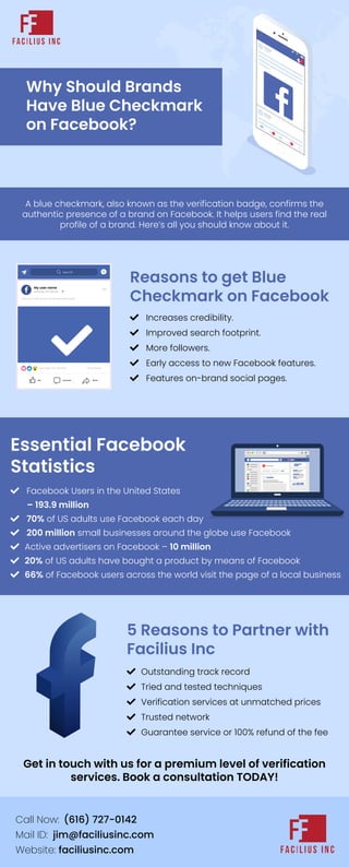 Why Should Brands
Have Blue Checkmark
on Facebook?
5 Reasons to Partner with
Facilius Inc
Get in touch with us for a premium level of verification
services. Book a consultation TODAY!
 Outstanding track record
 Tried and tested techniques
 Verification services at unmatched prices
 Trusted network
 Guarantee service or 100% refund of the fee
A blue checkmark, also known as the verification badge, confirms the
authentic presence of a brand on Facebook. It helps users find the real
profile of a brand. Here’s all you should know about it.
Reasons to get Blue
Checkmark on Facebook
 Increases credibility.
 Improved search footprint.
 More followers.
 Early access to new Facebook features.
 Features on-brand social pages.
My user name
Monday at 11:00 AM
Search
Lorem ipsum dolor sit amet, consectetuer adipiscing elit.
Lorem ipsum and 291 others 55 comments
Like Comment Share

Essential Facebook
Statistics
 Facebook Users in the United States
– 193.9 million
 70% of US adults use Facebook each day
 200 million small businesses around the globe use Facebook
 Active advertisers on Facebook – 10 million
 20% of US adults have bought a product by means of Facebook
 66% of Facebook users across the world visit the page of a local business
Call Now: (616) 727-0142
Mail ID: jim@faciliusinc.com
Website: faciliusinc.com
 
