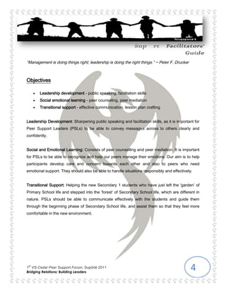 Transitional Support: Helping the new Secondary 1 students who have just left the 'garden’ of Primary School life and stepped into the ‘forest’ of Secondary School life, which are different in nature. PSLs should be able to communicate effectively with the students and guide them through the beginning phase of Secondary School life, and assist them so that they feel more comfortable in the new environment.415925311785<br />ItineraryDay 1 : Victoria School1500-1830<br />Overall I/Cs for Day 1 : Isabel and Zongsien<br />TimingActivity Venue1400-1415Registration of delegatesFoyer1415-1430Opening address by EXCOAuditorium1430-1615Icebreakers/Group sortingAuditorium1615-1800Talk 1: Leadership DevelopmentAuditorium1800-1830Briefing for next day/ Reflection sessionCanteen<br />Event/DutiesOrganizing team-in-chargeExtra ManpowerVenueSetup1315-1345Set up attendance boothGetting keys for auditoriumTurning on air-conditioningSet up audio system in auditoriumBring out 3 tables and a table clothDuring setup1315-1345Operations I/Cs to take attendanceEXCO to take attendanceOperations I/Cs and EXCO to brief entire SOT.Wei Hao(Admin)Dion( Research)Charmaine, Geraldyn (Operations)Joan (Ideas)Operations I/Cs and other operation members who are freeEXCOFacilitatorsGeneral office to auditoriumFoyerArrival1345-1400Ushers to stand by at foyer to wait for participants’ arrival Receptionists to stand by and wait with ushers.Vanessa, Hamida, Chor Ying, (Ushers)Jody, Diana (Registration)Operations (excluding I/Cs)Foyer1400-1415Registration commences3 stations to be set up, name lists to be taken from EXCO and Admin.TICK THE NAMES.TELL THEM THEIR ALLOCATED GROUPS WHEN THEY REGISTER.GIVE THEM THEIR FORUM BOOKLETS.Direct participants to auditorium after they are registered (Ushers)Facils in auditorium to hold up group namesFinal check of slides and IT equipmentShrida, Saranya, Joan (Ideas)Zhi Peng (Research)Hsin Hsuan, Brandon Ho, Benson Choo, Zi Xin, Livia, Zhi Peng, Elizabeth  (Facils I/Cs of various groups)Zhen Rong, Carolyn (Admin)Research and Acads HeadsOperationsFoyer to AuditoriumAuditorium1415-1430EXCO Address(Moving time to next venue : 5 minutes)Address by EXCOBriefing for the dayFacils to introduce and start initial facilitation activities if there is extra timeAdmin members in charge of IT equipment (I.e. setting up powerpoint slides)During EXCO address1415-1420Get Hall keys and unlock the venue.1420-1425 Switch on fansEXCOOperations I/Cs (Zongsien and Isabel)All facilsZhen Rong, Carolyn (Admin)Research and Acads HeadsStanley, Charmaine (Operations)Ideas and OperationsFoyer to AuditoriumAuditorium to Hall1430-1630Ice breaker games(Moving time to next venue: 15 minutes)-Refer to facils guideDuring Ice breakers1430-1445:Final preparation of slides (ensure everything is checked) for upcoming talk as well as check for IT equipmentSpeaker to be held in the Auditorium while Research and Ideas finalize talk content.All Facils + Requested manpower stationed in the hall; facil heads to conduct icebreaker gamesZhen Rong, Carolyn (Admin)Research and AcadsRequested manpower by FacilitatorsAuditorium to HallAuditorium1630-17151st talk: Leadership Development by :(Moving time to next venue: 10 minutes)Admin members in charge of IT equipmentKah heng, Zhi Peng (Acads and Research)Zhen Rong, Carolyn (Admin)Operation I/Cs on holdHall to AuditoriumAuditorium 1715-1800Proposal crafting/ Lesson planningKah Heng, Zhi Peng (Acads and Research) Weihao (Admin)Facils to help outAuditorium1800-1815DismissalAuditorium to CanteenAuditorium to General Office and AV rooms1815-1700Debriefing for SOTSOT to be briefed by operations for tomorrow’s event. Facils to hand out reflection worksheet.All operations membersYi Long ( Facilitators)EXCOCanteenCanteen to AV room<br />574675670560Day 2: Victoria School0800-1630<br />Overall I/Cs : Geraldyn and Stanley<br />TimingActivityVenue0800-0830Opening address/ Mass briefing for delegatesAuditorium0830-0900Talk 2: Transitional supportAuditorium0900-1015Group work session/ Scenario gamesAuditorium1015-1115Preparation for closing ceremony itemsAuditorium/Hall1115-1145Talk 3 : Social Emotional LearningAuditorium1145-1230Briefing for Amazing raceAuditorium1230-1345Amazing race!VS1345-1400Final preparation for itemsHall1400-1600Sharing sessionHall1600-1630Closing ceremonyHall<br />Event/DutiesOrganizing team-in-chargeExtra ManpowerVenue0730-0745Arrival of SOTAttendance marking of SOT(EXCO and Day I/Cs to arrive by 0700)Operations I/Cs (Geraldyn, Stanley)PSB room0745-0800Briefing for SOTOperations I/Cs (Geraldyn,Stanley)PSB room0800-0810SetupSetup audio systems in AuditoriumGet auditorium keysAircon to be turned onFacilitators to discuss on seating positions of groupsCharmaine, Joshua (Operations)All FacilsGeneral office to auditoriumAuditorium0810-0830Ops to retrieve requested AV/IT equipmentFinal check of slides and IT equipmentAll operation membersWei hao (Admin) + Research and Acads. HeadIdeasAuditorium0830-0845Arrival of delegatesUshers to move to stations to usher participants to auditoriumFacils to gather delegates into respective groupsParticipants to report to facilitators for attendance markingJustin, Derek ( Ideas)All VS facils (auditorium)Research and Acads (Excluding heads and speakers)Foyer to Auditorium0845-0900Address by EXCO/Mass Briefing for the dayAdmin in charge of IT equipmentEXCOWei Hao(Admin)All operations membersAuditorium0900-1100Talk 2 : Transitional SupportTalk 3 : Social Emotional learningBy: Mr Jim LimHP: 94760505Admin to be in charge of IT equipmentDuring the talk0845-0900Facils will be briefing entire SOT during the course of the talk for the scenario gamesDuring the talk0900-0930During this time, Facils to brief other committees about the amazing race. Safety briefing is also compulsory.Acads & Research members Wei Hao(Admin)Yi Long, Susanna(Facils)All operations members on STANDBYAuditoriumAuditorium to canteen1100-1200(Moving time: 5 minutes)Groupwork Session/ Scenario gamesAdmin in charge of IT equipmentAll Facils members Weihao (Admin)Auditorium1200-1245Preparation for closing ceremony item(Moving time to next venue: 10 minutes)During preparation1200-1215Ops to go to Canteen for food preparation ( Food to arrive latest by 1200)1215-1230Ops to make sure the food is ready/ Admins to assist opsAll facil membersIsabel, Wenwei, Zongsien (Operations)Li Hui, Ruo Xin (Admin)Operations I/CsAuditorium to hallAuditorium to school entrance1245-1330  (Moving time to next venue : 5 minutes)LunchFacils to attend to groupsFinal check of slides ( IT  equipment remains in the auditorium)Operations I/Cs (Geraldyn, Stanley) Wei Hao (Admins)Acads and Research HeadsIdeas and researchHall to canteen1330-1400(Moving time to next venue: 5 minutes)Briefing for amazing raceFacils will brief their groups personally about the race.Delegates to gather at starting point after briefingFacils will dispatch SOT that are involved in game stationsAll Facils membersStation mastersCanteen to Hall           1400-1545 (Moving time to next venue: 5 minutes)Amazing RaceBefore the race1400-1415Facils to gather delegates at starting point as well as give compulsory safety briefingDuring the race1415-1430Turn off aircons of auditoriumReturn AV equipmentLock room up and return keys1430-1445Check that the area is clean and retrieve requested IT items if any1445-1515Ensure food (Tea break ) arrives on time.All Facils members/Station MastersAll Facils membersOperation I/Cs(Geraldyn, Stanley)Charmaine, Joshua ( Operations)Manpower requested by FacilsHall to various places within schoolAuditorium to General Office to HallCanteen1530–1600(Moving time to next venue: 10 minutes)Tea Break (Including SOT)All operations membersVarious places within school to canteen1545-1645Preparation of items for Closing ceremonyOperations to guide participants and bring them to the hall.Operation I/Cs to ensure all AV equipment is ready for Sharing SessionAll operations members( excluding I/Cs)AdminsCanteen to Auditorium1645-1745Sharing Session and Reflection session for Amazing RaceEXCO (Chairpersons)All Facils membersAdminAuditorium1745-1900Closing Ceremony1745-1800Ops to do area cleanup of entire school.During dismissalSOT to ensure participants’ safety and that they can find their way to respective bus stopsOperations I/Cs to turn off aircons, return keys and AV equipmentSOT involved in closing ceremonyAll operation membersAll FacilsOperation I/Cs (Geraldyn,Stanley)Auditorium to School Exit1845-1930Final debrief/reflectionEvaluation  EXCOHall and school exits to canteen<br />Manpower Deployment list<br />GroupMain FacilsAttached facilsSagittaBensonCharmaine, Isabel, MaryamUrsaBrandonJoan, Sarah Ng, NurulPyxisZiXinAqilah, Joshua, CarolynOrionLiviaSher Min, Ariff, ChelseaRotanevHsin hsuanClarissa Wong, Li Hui, DionTucanaElizabethCharlotte, Justin, Chor YingEquuleusZhi PengHamida, Clarissa Wan, Sarah Cheong<br />Dos and Don’ts<br />414655409575Do:<br />Bond with the groups, make them feel welcomed