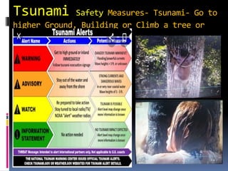 Tsunami Safety Measures- Tsunami- Go to
higher Ground, Building or Climb a tree or
Hold unto things
 
