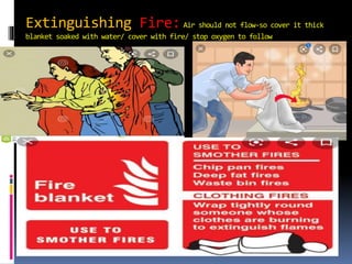 Extinguishing Fire: Air should not flow-so cover it thick
blanket soaked with water/ cover with fire/ stop oxygen to follow
 