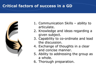 1. Communication Skills – ability to
articulate.
2. Knowledge and ideas regarding a
given subject.
3. Capability to co-ordinate and lead
the discussion.
4. Exchange of thoughts in a clear
and concise manner.
5. Ability to addressing the group as
a whole.
6. Thorough preparation.
Critical factors of success in a GD
 