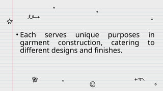 • Each serves unique purposes in
garment construction, catering to
different designs and finishes.
 