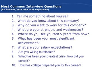 Most Common Interview Questions
(for freshers/with prior work experience)
1. Tell me something about yourself
2. What do you know about this company?
3. Why do you want to work for this company?
4. What are your strengths and weaknesses?
4. Where do you see yourself 5 years from now?
5. What has been your most significant
achievement?
7. What are your salary expectations?
8. Are you willing to relocate?
9. What has been your greatest crisis, how did you
solve it?
10. How has college prepared you for this career?
 