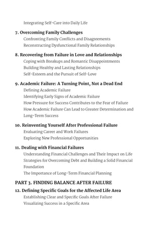 Integrating Self-Care into Daily Life
7. Overcoming Family Challenges
Confronting Family Conflicts and Disagreements
Reconstructing Dysfunctional Family Relationships
8. Recovering from Failure in Love and Relationships
Coping with Breakups and Romantic Disappointments
Building Healthy and Lasting Relationships
Self-Esteem and the Pursuit of Self-Love
9. Academic Failure: A Turning Point, Not a Dead End
Defining Academic Failure
Identifying Early Signs of Academic Failure
How Pressure for Success Contributes to the Fear of Failure
How Academic Failure Can Lead to Greater Determination and
Long-Term Success
10. Reinventing Yourself After Professional Failure
Evaluating Career and Work Failures
Exploring New Professional Opportunities
11. Dealing with Financial Failures
Understanding Financial Challenges and Their Impact on Life
Strategies for Overcoming Debt and Building a Solid Financial
Foundation
The Importance of Long-Term Financial Planning
PART 3. FINDING BALANCE AFTER FAILURE
12. Defining Specific Goals for the Affected Life Area
Establishing Clear and Specific Goals After Failure
Visualizing Success in a Specific Area
 