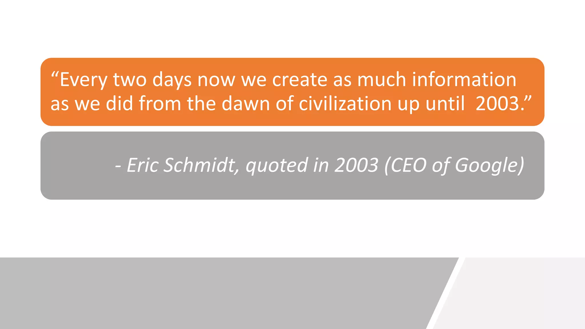 “Every two days now we create as much information
as we did from the dawn of civilization up until 2003.”
- Eric Schmidt, quoted in 2003 (CEO of Google)
 