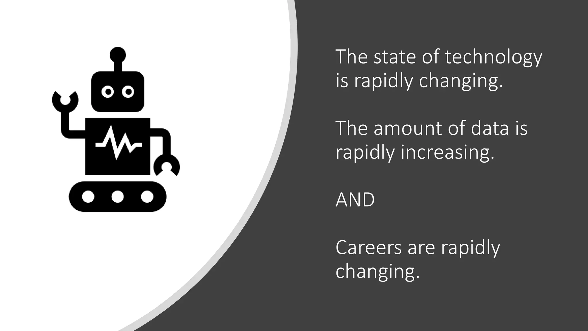 The state of technology
is rapidly changing.
The amount of data is
rapidly increasing.
AND
Careers are rapidly
changing.
 