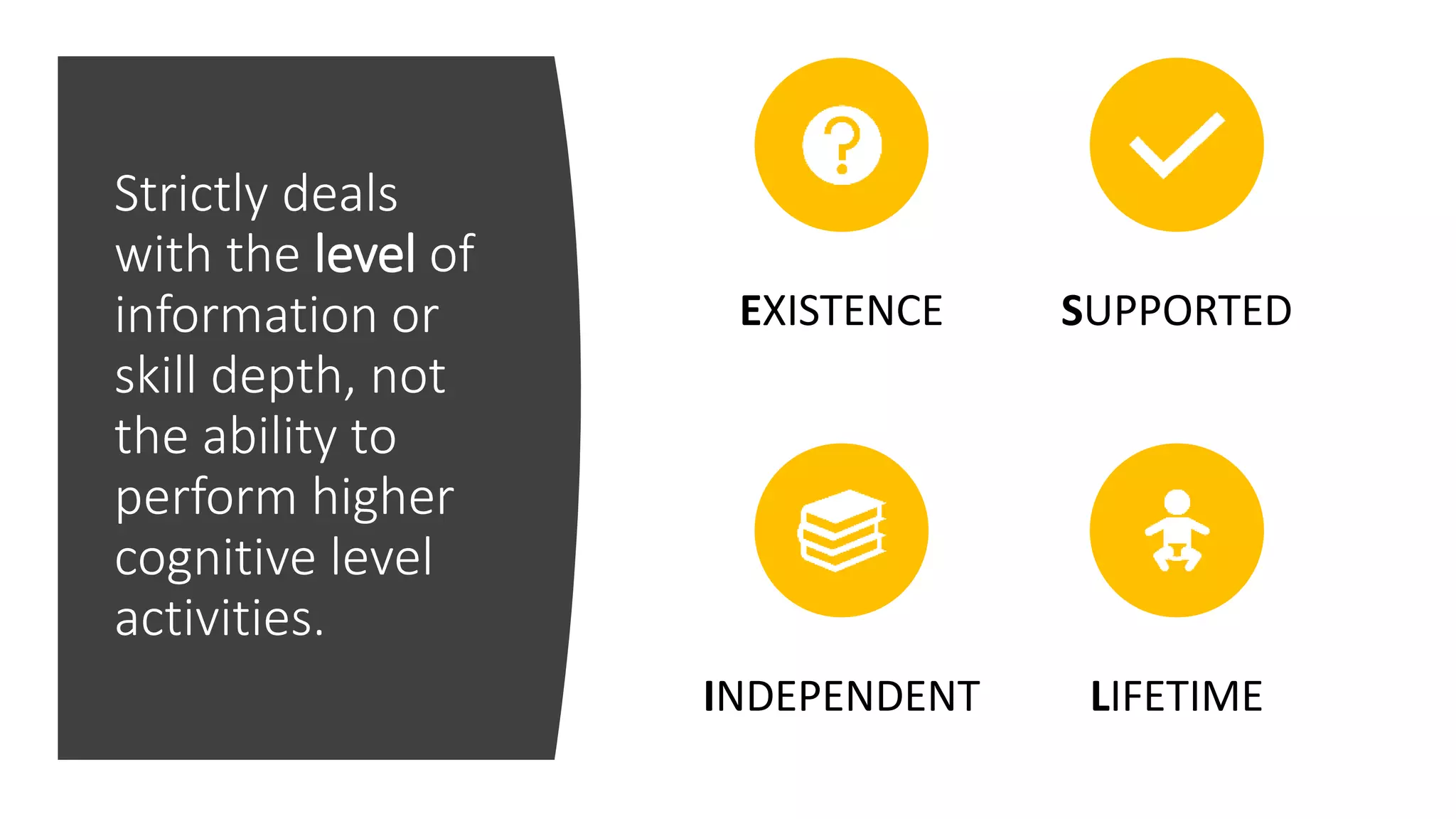 Strictly deals
with the level of
information or
skill depth, not
the ability to
perform higher
cognitive level
activities.
EXISTENCE SUPPORTED
INDEPENDENT LIFETIME
 