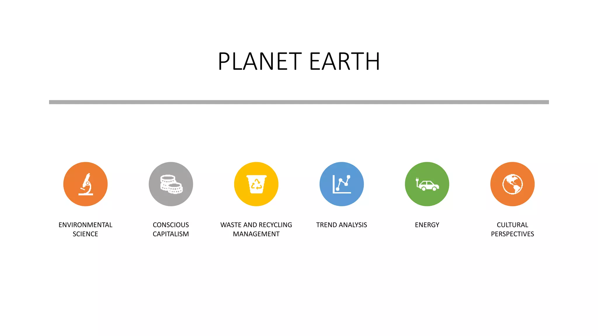 PLANET EARTH
ENVIRONMENTAL
SCIENCE
CONSCIOUS
CAPITALISM
WASTE AND RECYCLING
MANAGEMENT
TREND ANALYSIS ENERGY CULTURAL
PERSPECTIVES
 