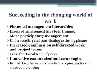 Succeeding in the changing world of 
work 
• Flattened management hierarchies 
Layers of management have been trimmed 
• More participatory management 
Understanding and contributing to the big picture 
• Increased emphasis on self directed work 
and project teams 
Cross functional team of peers 
• Innovative communication technologies 
E-mail, fax, the web, mobile technologies, audio and 
video conferencing 
 