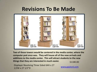 Revisions To Be Made
36
Two of these towers would be centered in the media center, where the
computer pod once was. They will house all of the new arrivals and
additions to the media center. This will attract students to the new
things that they are interested in much easier.
Displayer Revolving Three Sided 64H x 27
1/2W x 27 1/2"D
www.gaylord.com
$1180.00
 