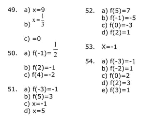 a) x=9b) c) =0a) f(-1)= b) f(2)=-1 c) f(4)=-2a) f(-3)=-1b) f(5)=3c) x=-1d) x=5 a) f(5)=7b) f(-1)=-5c) f(0)=-3d) f(2)=1X=-1a) f(-3)=-1b) f(-2)=1c) f(0)=2d) f(2)=3e) f(3)=1