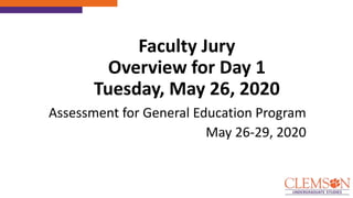 Faculty Jury
Overview for Day 1
Tuesday, May 26, 2020
Assessment for General Education Program
May 26-29, 2020
 