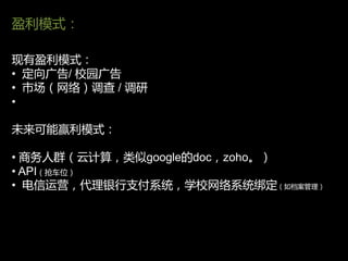 盈利模式：

现有盈利模式：
• 定向广告/ 校园广告
• 市场（网络）调查 / 调研
•

未来可能赢利模式：

• 商务人群（于计算，类似google的doc，zoho。）
• API（抢车位）
• 电信运营，代理银行支付系统，学校网络系统绑定（如档案管理）
 