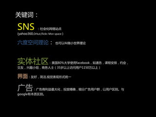 关键词：

SNS           ：社会化网络站点
(yahoo360,Orkut,flickr. Msn space )


六度空间理论： 也可以叫做小世界理论


实体社区                   ：美国80%大学使用facebook，如通告，课程安排，约会，
交友，兴趣小组，商务人士（35岁以上访问用户1150万以上）


界面：友好，简洁,视觉表现形式统一

广告         ：广告商利益最大化，投放精确，细分广告用户群，以用户区别。与
google有本质区别。
 