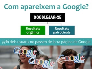 Com	
 apareixem	
 a	
 Google?	
 
GOOGLEJAR-SE
Resultats	
 
orgànics	
 
Resultats	
 
patrocinats	
 
93%	
 dels	
 usuaris	
 no	
 passen	
 de	
 la	
 1a	
 pàgina	
 de	
 Google	
 
 