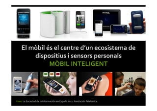 Font:	
  La	
  Sociedad	
  de	
  la	
  información	
  en	
  España	
  2012.	
  Fundación	
  Telefónica.	
  
El	
  mòbil	
  és	
  el	
  centre	
  d’un	
  ecosistema	
  de	
  
dispositius	
  i	
  sensors	
  personals	
  
MÒBIL	
  INTELIGENT	
  
 