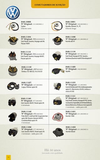 Comutadores de ignição




     940.1066                                                 940.1091
     Nº Original: 111.905865.1                                Nº Original: 102.905865.1
     Sedan                                                    Brasília, Variant, TL, TC
     Chicote curto                                            Chicote longo



     940.1104                                                 940.1106
     Nº Original: ZBA.953849.A                                Nº Original: 211.905865.3
     Gol, Parati, Saveiro, Voyage até 84,                     Kombi até 97
     Passat 78/81



     940.1113                                                 940.1118
     Nº Original: ZBA.953849.B                                Nº Original: 307.905865.1
     Gol, Parati, Saveiro, Voyage 84/87,                      Gol, Parati, Voyage 87/95, Saveiro ,
     Passat após 81                                           Santana,Quantumaté97,Kombiapós97



     940.1119                                                 940.1120
     Nº Original: 2RP.905865                                  Nº Original: 542.905865
     Ônibus 16-180 CO, 16-210 CO                              Apollo




     940.1127                                                 940.1135
     Nº Original: 547.905865                                  Nº Original: 111.905865
     Logus, Pointer após 92                                   Caminhõesleves87/05,médiosepesados
                                                              após 91, Electronics 03/05, ônibus e
                                                              micro 91/05

                                                              940.1141
     940.1140                                                 Nº Original: 307.905865.2
     Nº Original: 377.905865                                  Gol, Parati, Saveiro, Voyage 87/95, Santa-
     Gol, Saveiro 96/07, Parati após 95                       na,Quantumapós98,caminhõesDelivery,
     4 terminais                                              leves e Eletronics, Ônibus e microapós 05
                                                              5 terminais – saída para relé

     940.1142                                                 940.1161
     Nº Original: 6N0.905865                                  Nº Original: 211.905865.2
     Polo 96/01, Golf até 98, Furgonete Van                   Kombi 1500
     após 98, Passat e Variant 94/97,
     Cordoba/Ibiza após 95
     6 terminais

     940.1162                                                 940.1163
     Nº Original: 377.905865.2                                Nº Original: 211.905865.4
     Gol, Saveiro 96/07, Parati após 95                       Kombi Diesel
     5 terminais - saída para relé




                                           Há 50 anos
                                    inovando com qualidade.
14
 
