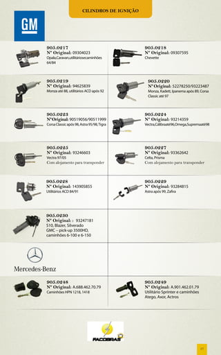 Cilindros de ignição




905.0217                                       905.0218
Nº Original: 09304023                          Nº Original: 09307595
Opala,Caravan,utilitáriosecaminhões            Chevette
64/84



905.0219                                         905.0220
Nº Original: 94625839                            Nº Original: 52278250/93223487
Monza até 88, utilitários ACD após 92            Monza, Kadett, Ipanema após 89, Corsa
                                                 Classic até 97



905.0223                                       905.0224
Nº Original: 90519056/90511999                 Nº Original: 93214359
Corsa Classic após 98, Astra 95/98, Tigra      Vectra,Cálibraaté96,Omega,Supremaaté98




905.0225                                       905.0227
Nº Original: 93246603                          Nº Original: 93362642
Vectra 97/05                                   Celta, Prisma
Com alojamento para transponder                Com alojamento para transponder



905.0228                                       905.0229
Nº Original: 143905855                         Nº Original: 93284815
Utilitários ACD 84/91                          Astra após 99, Zafira




905.0230
Nº Original: : 93247181
S10, Blazer, Silverado
GMC – pick-up 3500HD,
caminhões 6-100 e 6-150




905.0248                                       905.0249
Nº Original: A.688.462.70.79                   Nº Original: A.901.462.01.79
Caminhões HPN 1218, 1418                       Utilitário Sprinter e caminhões
                                               Atego, Axor, Actros




                                                                                 17
 