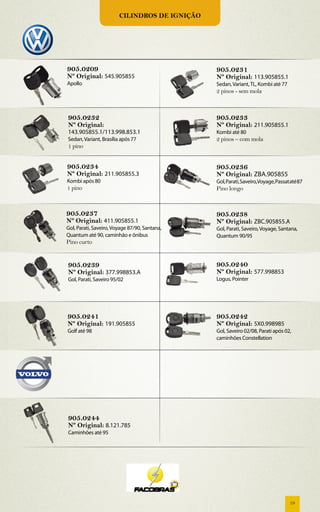 Cilindros de ignição




905.0209                                       905.0231
Nº Original: 545.905855                        Nº Original: 113.905855.1
Apollo                                         Sedan, Variant, TL, Kombi até 77
                                               2 pinos - sem mola



905.0232                                       905.0233
Nº Original:                                   Nº Original: 211.905855.1
143.905855.1/113.998.853.1                     Kombi até 80
Sedan, Variant, Brasília após 77               2 pinos – com mola
1 pino


905.0234                                       905.0236
Nº Original: 211.905855.3                      Nº Original: ZBA.905855
Kombi após 80                                  Gol, Parati, Saveiro,Voyage, Passat até 87
1 pino                                         Pino longo



905.0237                                       905.0238
Nº Original: 411.905855.1                      Nº Original: ZBC.905855.A
Gol, Parati, Saveiro, Voyage 87/90, Santana,   Gol, Parati, Saveiro, Voyage, Santana,
Quantum até 90, caminhão e ônibus              Quantum 90/95
Pino curto


905.0239                                       905.0240
Nº Original: 377.998853.A                      Nº Original: 577.998853
Gol, Parati, Saveiro 95/02                     Logus, Pointer




905.0241                                       905.0242
Nº Original: 191.905855                        Nº Original: 5X0.998985
Golf até 98                                    Gol, Saveiro 02/08, Parati após 02,
                                               caminhões Constellation




905.0244
Nº Original: 8.121.785
Caminhões até 95




                                                                                  19
 