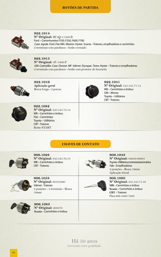 Botões de partida




     922.1014
     Nº Original: BC4Q-11500-B
     Ford – Caminhonetes F350, F550, F600, F700
     .Case .Agrale .Ford .Fiat Allis .Maxion .Hyster .Scania – Tratores, empilhadeiras e caminhões
     2 terminais com parafusos - botão cromado


     922.1015
     Nº Original: 3F-1006-P
     .GM .Caterpillar .Case .Dresser .MF .Valmet .Dynapac .Terex .Hyster – Tratores e empilhadeiras
     2 terminais com parafusos - botão com protetor de borracha



     922.1016                                                         922.1041
     Aplicação geral                                                  Nº Original: 345.545.77.14
     Rosca longa - 2 porcas                                           MB – Caminhões e ônibus
                                                                      GM – Monza
                                                                      Toyota – Utilitários
                                                                      CBT - Tratores

     922.1082
     Nº Original: 345.545.73.14
     MB – Caminhões e ônibus
     Fiat – Caminhões
     Toyota – Utilitários
     CBT - Tratores
     Botão START




                              Chaves de contato


     906.1028                                                             906.1043
     Nº Original: 345.545.70.13                                           Nº Original: 84050-98001
     MB – Caminhões e ônibus                                              Toyota–Utilitários,motoresestacionários
     CBT - Tratores                                                       Yale - Empilhadeiras
                                                                          3 posições - Rosca 19mm
                                                                          Aplicação Geral
     906.1058                                                             906.1080
     Nº Original: 80101000                                                Nº Original: 345.545.71.35
     Valmet - Tratores                                                    MB - Caminhões e ônibus
     2 posições - 4 terminais - Rosca                                     Scania - Caminhões e ônibus
     19mm                                                                 CBT - Tratores
                                                                          Para 906.1028/1083

     906.1083
     Nº Original: 203473
     Scania - Caminhões e ônibus




                                       Há 50 anos
                                    inovando com qualidade.
20
 