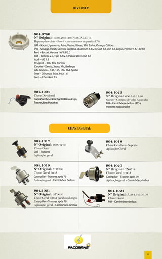 Diversos




904.0780
Nº Original: 1.006.200.110/F.000.AL1.015
Reparo planetário - Bosch - para motores de partida DW
GM – Kadett, Ipanema, Astra, Vectra, Blazer, S10, Zafira, Omega, Cálibra
VW – Voyage, Parati, Saveiro, Santana, Quantum 1.8/2.0, Golf 1.8, Van 1.6, Logus, Pointer 1.6/1.8/2.0
Ford – Escort, Verona 1.6/1.8/2.0
Fiat – Tempra 2.0, Tipo 1.8/2.0, Palio e Weekend 1.6
Audi – A3 1.8
Peugeot – 306, 405, Partner
Citroën – Xantia, Xsara, XM, Berlingo
Alfa Romeo – 145, 155, 156, 164, Spider
Seat – Córdoba, Ibiza, Inca 1.6
Jeep – Cherokee 2.5




904.1004                                                         904.1023
Chave Direcional                                                 Nº Original: 000.545.11.20
CaminhãoChevroletantigo,Utilitários,Jeeps,                       Saleiro – Controle de Velas Aquecidas
Tratores, Empilhadeiras                                          MB – Caminhões e ônibus LPO e
                                                                 motores estacionários




                                 chave geral


904.1017                                                         904.1018
Nº Original: 09004270                                            Chave Geral com Suporte
Chave Geral                                                      Aplicação Geral
CBT – Tratores
Aplicação geral


904.1019                                                         904.1020
Nº Original: 7H7290                                              Nº Original: 7N0718
Chave Geral 500A                                                 Chave Geral 1000A
Caterpillar – Tratores após 79                                   Caterpillar – Tratores após 79
Aplicação geral - Caminhões, ônibus                              Aplicação geral – Caminhões, ônibus


904.1021                                                           904.1024
Nº Original: 5Y0030                                                Nº Original: A.384.545.70.08
Chave Geral 1000A parafusos longos                                 Chave Geral
Caterpillar – Tratores após 79                                     MB – Caminhões e ônibus
Aplicação geral – Caminhões, ônibus




                                                                                                        31
 