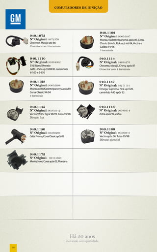 Comutadores de ignição




                                                                      940.1102
     940.1073                                                         Nº Original: 90052497
     Nº Original: 8972370                                             Monza, Kadett e Ipanema após 89, Corsa
     Chevette, Marajó até 86                                          Classic (Hatch, Pick-up) até 04, Vectra e
     Conector com 3 terminais                                         Calibra 94/96
                                                                      5 terminais

     940.1110                                                         940.1114
     Nº Original: 93364302                                            Nº Original: 94654276
     S10, Blazer, Silverado                                           Chevette, Marajó, Chevy após 87
     GMC– Pick-up 3500HD, caminhões                                   Conector com 4 terminais
     6-100 e 6-150


     940.1128                                                         940.1137
     Nº Original: 90052498                                            Nº Original: 93271731
     Monzaaté88,KadetteIpanemaapós89,                                 Omega, Suprema, Pick-up D20,
     Corsa Classic 94/04                                              caminhão A40 após 93
     4 terminais


     940.1145                                                         940.1146
     Nº Original: 90505912                                            Nº Original: 90589314
     Vectra 97/05, Tigra 98/99, Astra 95/98                           Astra após 99, Zafira
     Direção fixa


     940.1150                                                         940.1160
     Nº Original: 93280293                                            Nº Original: 90389377
     Celta, Prisma, Corsa Classic após 05                             Vectra após 06, Astra 95/98
                                                                      Direção ajustável



     940.1172
     No Original: 09115863
     Meriva, Novo Corsa após 02, Montana




                                              Há 50 anos
                                            inovando com qualidade.
10
 