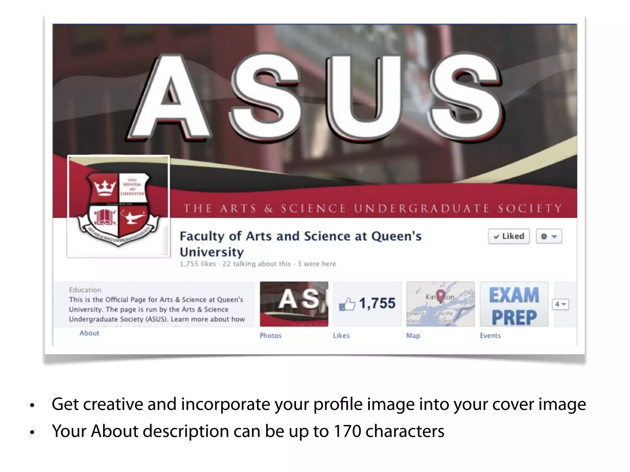 • Get creative and incorporate your profile image into your cover image
• Your About description can be up to 170 characters
 