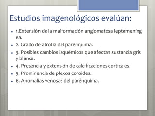 Estudios imagenológicos evalúan: 
 1.Extensión de la malformación angiomatosa leptomeníng 
ea. 
 2. Grado de atrofia del parénquima. 
 3. Posibles cambios isquémicos que afectan sustancia gris 
y blanca. 
 4. Presencia y extensión de calcificaciones corticales. 
 5. Prominencia de plexos coroides. 
 6. Anomalías venosas del parénquima. 
 