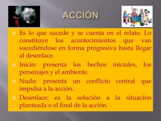  Es lo que sucede y se cuenta en el relato. Lo
constituye los acontecimientos que van
sucediéndose en forma progresiva hasta llegar
al desenlace.
 Inicio: presenta los hechos iniciales, los
personajes y el ambiente.
 Nudo: presenta un conflicto central que
impulsa a la acción.
 Desenlace: es la solución a la situación
planteada o el final de la acción.
 