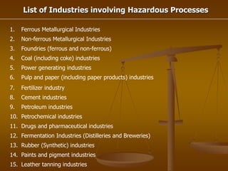 1. Ferrous Metallurgical Industries
2. Non-ferrous Metallurgical Industries
3. Foundries (ferrous and non-ferrous)
4. Coal (including coke) industries
5. Power generating industries
6. Pulp and paper (including paper products) industries
List of Industries involving Hazardous Processes
7. Fertilizer industry
8. Cement industries
9. Petroleum industries
10. Petrochemical industries
11. Drugs and pharmaceutical industries
12. Fermentation Industries (Distilleries and Breweries)
13. Rubber (Synthetic) industries
14. Paints and pigment industries
15. Leather tanning industries
 
