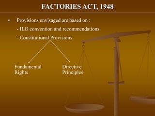 FACTORIES ACT, 1948
• Provisions envisaged are based on :
- ILO convention and recommendations
- Constitutional Provisions
Fundamental
Rights
Directive
Principles
 