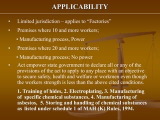 APPLICABILITY
• Limited jurisdiction – applies to “Factories”
• Premises where 10 and more workers;
• Manufacturing process, Power
• Premises where 20 and more workers;
• Manufacturing process; No power
• Act empower state government to declare all or any of the
provisions of the act to apply to any place with an objective
to secure safety, health and welfare or workmen even though
the workers strength is less than the above cited conditions.
1. Training of hides, 2. Electroplating, 3. Manufacturing
of specific chemical substances, 4. Manufacturing of
asbestos, 5. Storing and handling of chemical substances
as listed under schedule 1 of MAH (K) Rules, 1994.
 