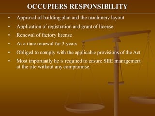 OCCUPIERS RESPONSIBILITY
• Approval of building plan and the machinery layout
• Application of registration and grant of license
• Renewal of factory license
• At a time renewal for 3 years
• Obliged to comply with the applicable provisions of the Act
• Most importantly he is required to ensure SHE management
at the site without any compromise.
 