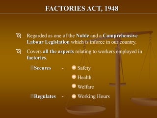 FACTORIES ACT, 1948
 Regarded as one of the Noble and a Comprehensive
Labour Legislation which is inforce in our country.
 Covers all the aspects relating to workers employed in
factories.
Secures - Safety
Health
Welfare
Regulates - Working Hours
 